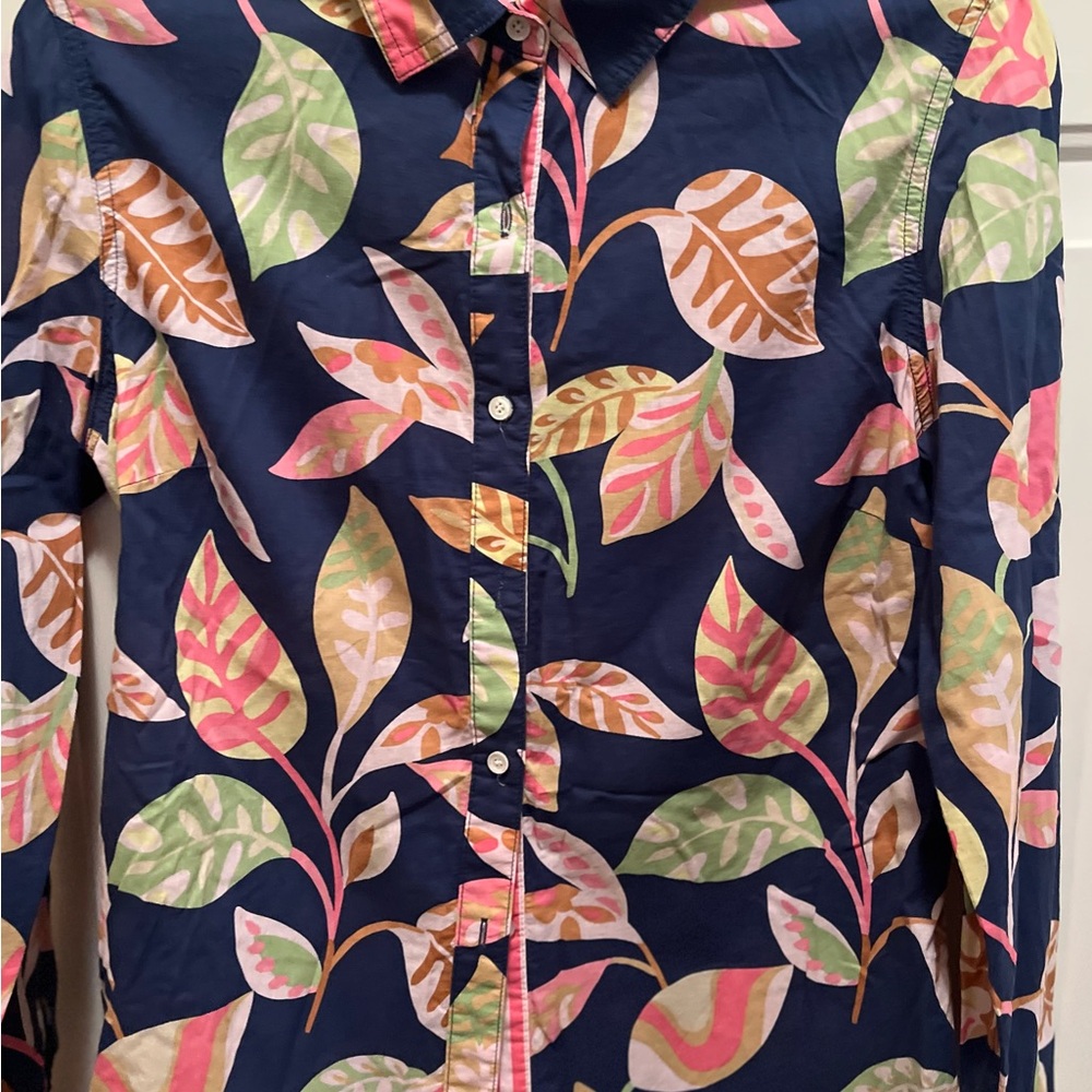 J. McLaughlin Navy Green Pink Leaf Button Shirt Small S Long Sleeve Cotton